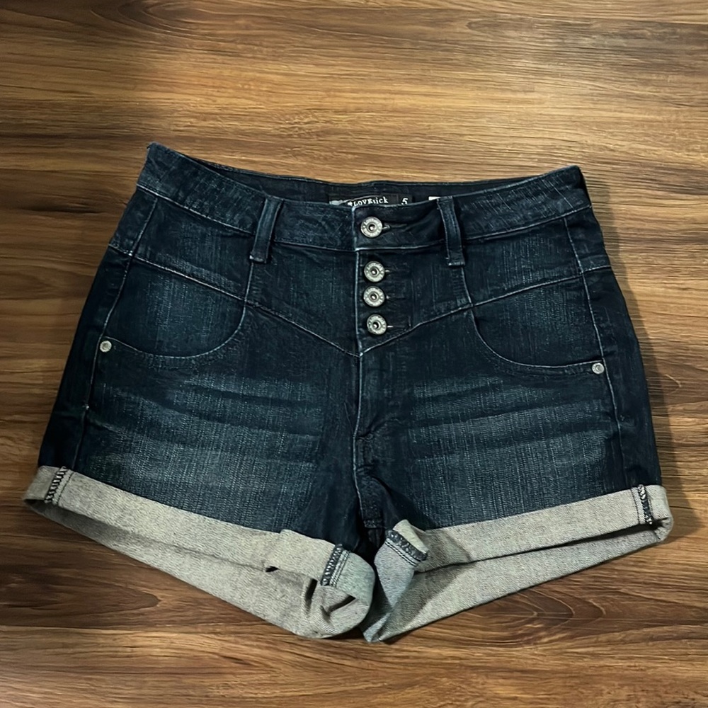 Love Sick High Waisted Denim Dark Wash Shorts in size 5.